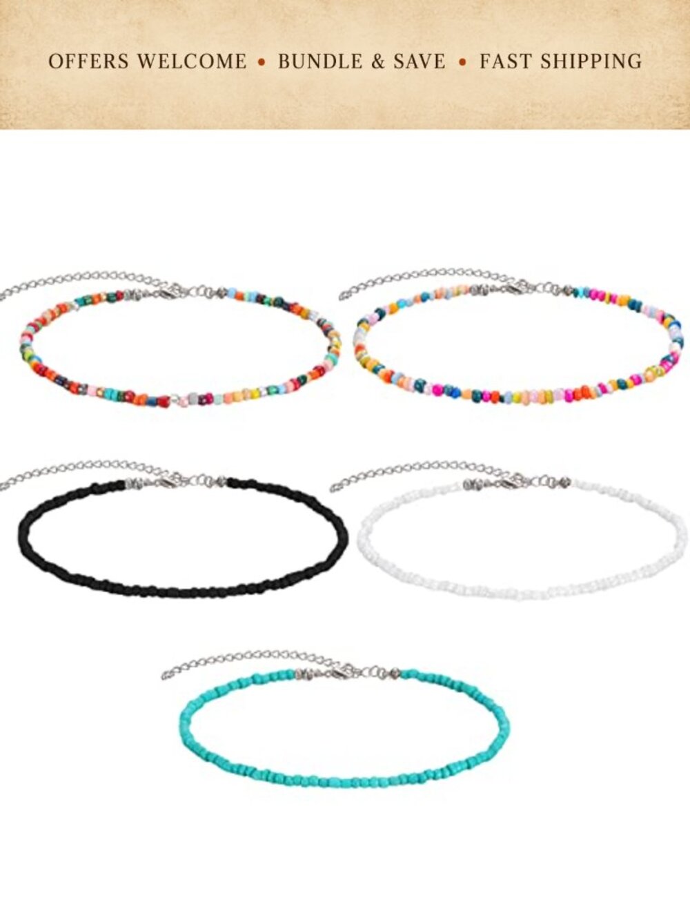 Boho Beaded Choker Set 5 Pcs Glass Seed Bead Necklaces Adjustable Summer